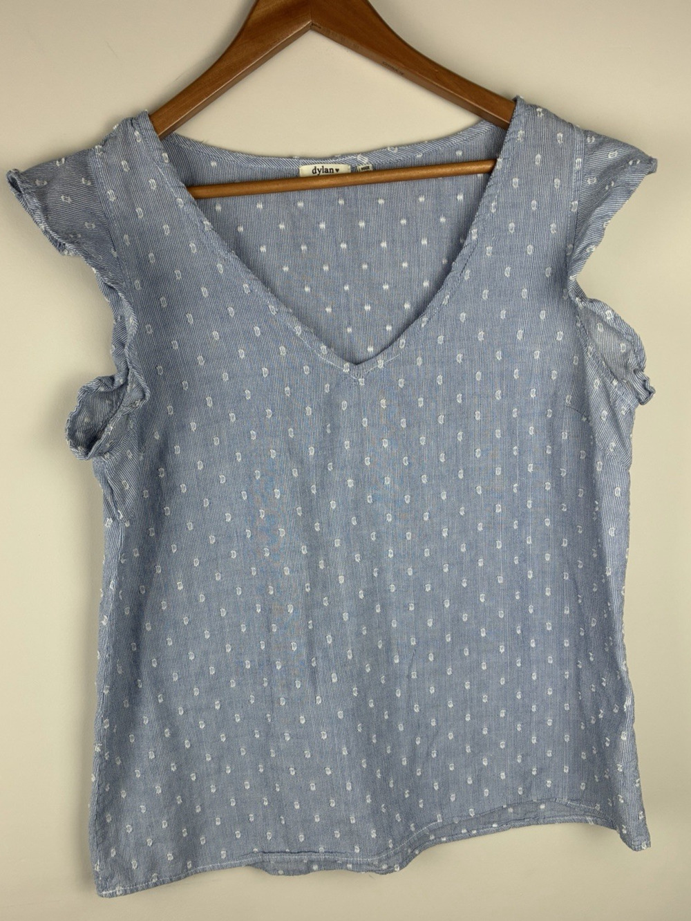 Dylan Women’s Small Blue Swiss Dot Cotton Flutter Sleeve V-Neck Boho Top Coastal